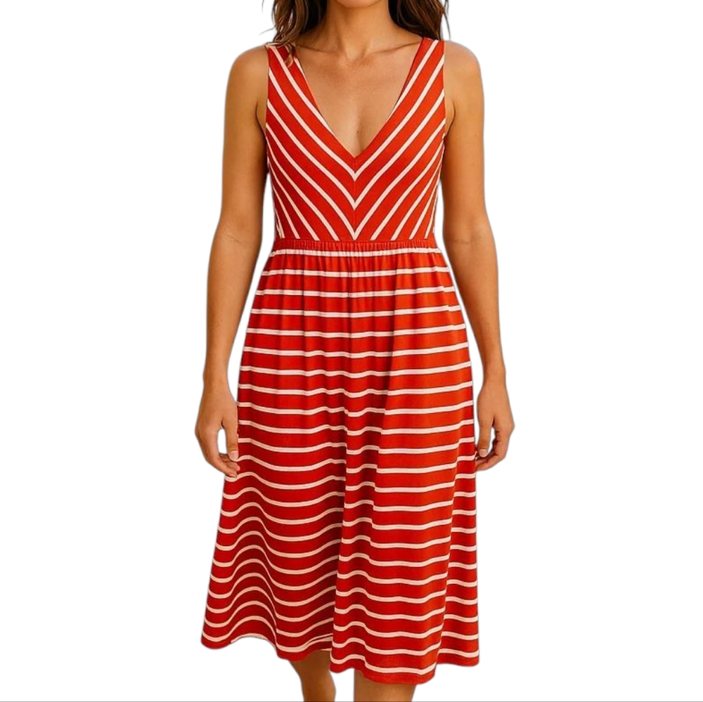 🌞 3/$15 Loft Red/ White Striped Open Back Dress